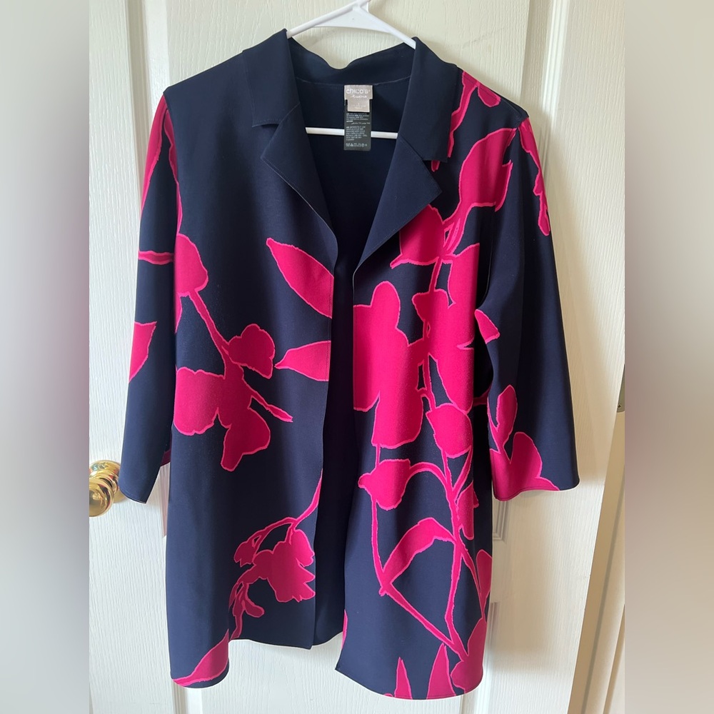 Chico's Navy and Pink Blazer with Bold Floral Design, Chico's Size 1